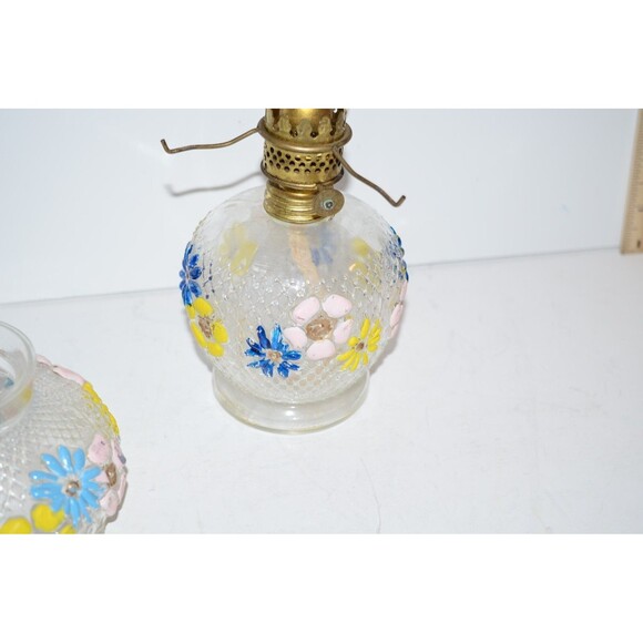 Vtg  Miniature oil Lamp Floral COSMOS Pattern flaws  clear glass - Picture 6 of 9